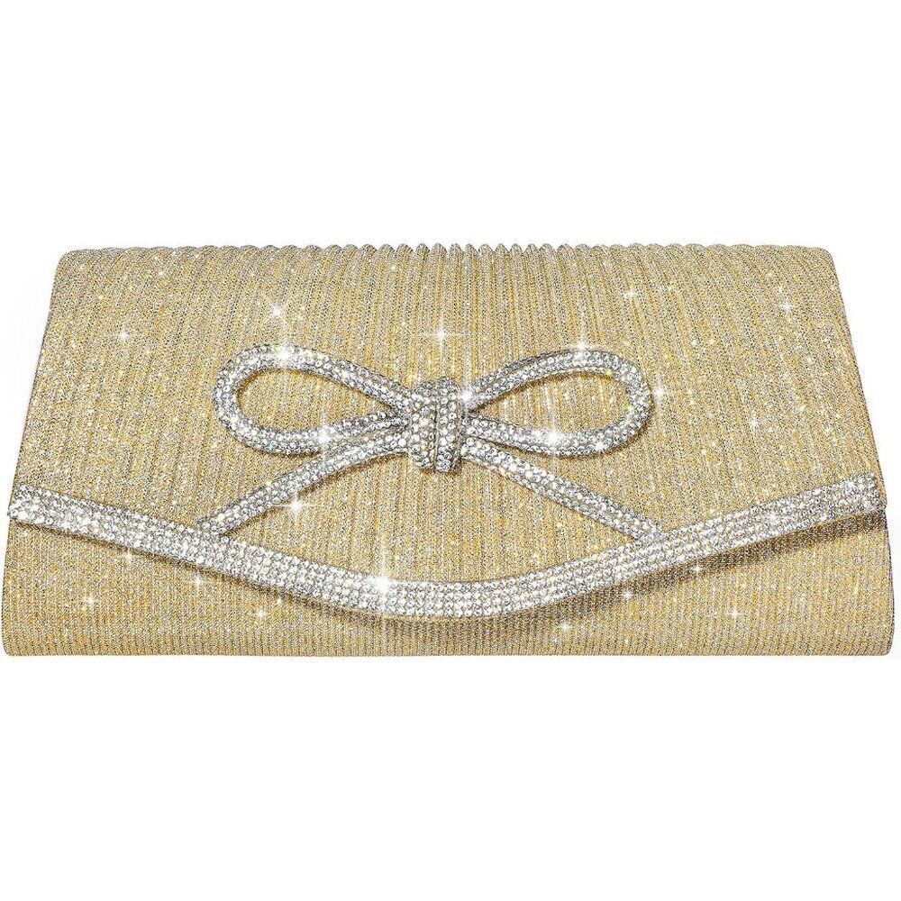 Women Bow Gold Imported Magnetic Purse Rhinestone Envelope Party Handbag